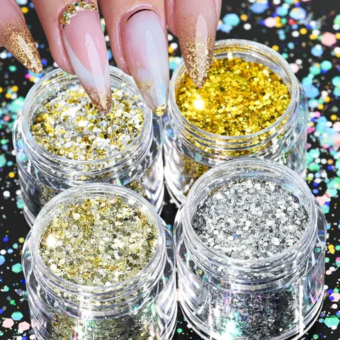 Multi-Box Holographic Nail Glitter Set - Gold Bottle DIY Flake & Mermaid Sequins - Himpall
