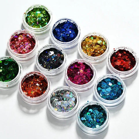 Multi-Box Holographic Nail Glitter Set - Gold Bottle DIY Flake & Mermaid Sequins - Himpall