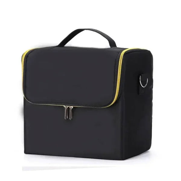 Black manicure tool kit storage case with yellow trim and handle