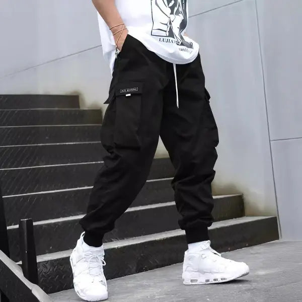 Multi-pocket Cargo Pants Men’s Casual Hip-Hop Drawstring Trousers Outdoor Streetwear Sports Pant - None