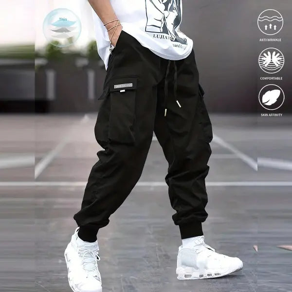 Multi-pocket Cargo Pants Men’s Casual Hip-Hop Drawstring Trousers Outdoor Streetwear Sports Pant - XYAB06 black / L
