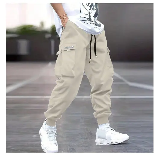 Multi-pocket Cargo Pants Men’s Casual Hip-Hop Drawstring Trousers Outdoor Streetwear Sports Pant - Beige / L - None