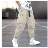 Multi-pocket Cargo Pants Men’s Casual Hip-Hop Drawstring Trousers Outdoor Streetwear Sports Pant - Beige / L - None