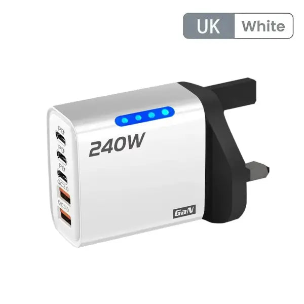 Fast charging USB charger fast 240W multi-port adapter for simultaneous device power - White UK