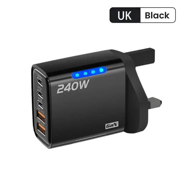 Fast charging USB charger fast 240W multi-port adapter for simultaneous device power - Black UK