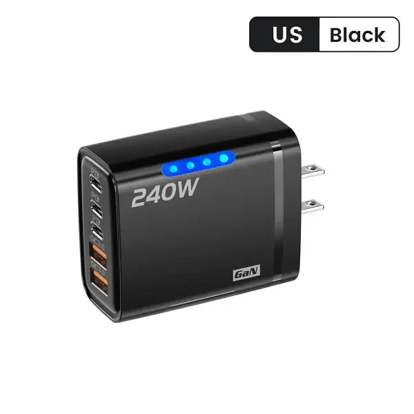 Fast charging USB charger fast 240W multi-port adapter for simultaneous device power - Black