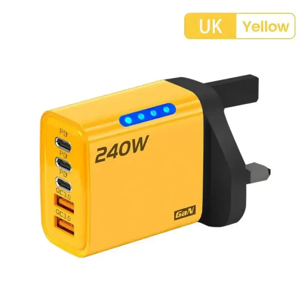 Fast charging USB charger fast 240W multi-port adapter for simultaneous device power - Yellow UK