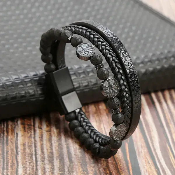 Multilayer Fashion Leather Bracelets for Men with Woven Alloy Accents - L-Volcanic black / 23cm long