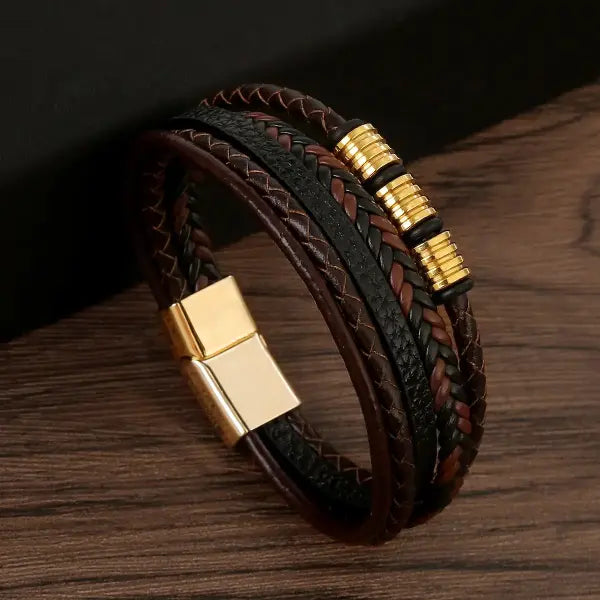 Multilayer Fashion Leather Bracelets for Men with Woven Alloy Accents - F-leather gold / 19cm long