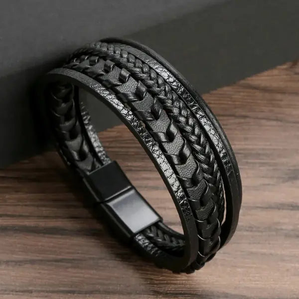 Multilayer Fashion Leather Bracelets for Men with Woven Alloy Accents - A-braid black / 19cm long