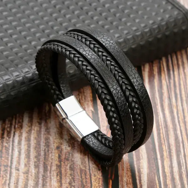 Multilayer Fashion Leather Bracelets for Men with Woven Alloy Accents - D-white k-black / 19cm long