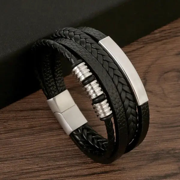 Multilayer Fashion Leather Bracelets for Men with Woven Alloy Accents - T-leather-steel / 21cm long