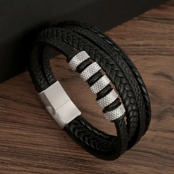 Multilayer Fashion Leather Bracelets for Men with Woven Alloy Accents - H-leather steel / 23cm long