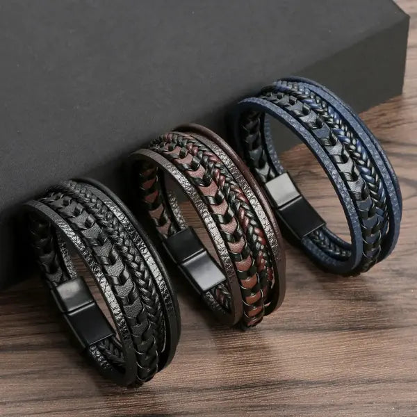 Multilayer Fashion Leather Bracelets for Men with Woven Alloy Accents