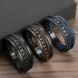 Multilayer Fashion Leather Bracelets for Men with Woven Alloy Accents