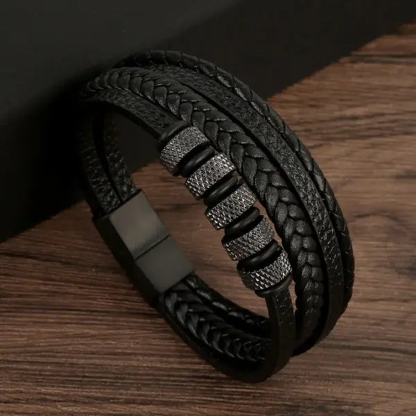 Multilayer Fashion Leather Bracelets for Men with Woven Alloy Accents - H-leather black / 19cm long