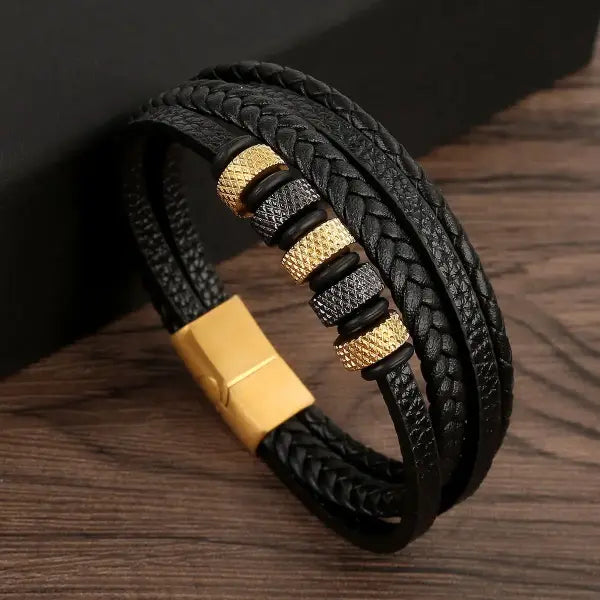 Multilayer Fashion Leather Bracelets for Men with Woven Alloy Accents - S-leather-gold-black / 19cm long