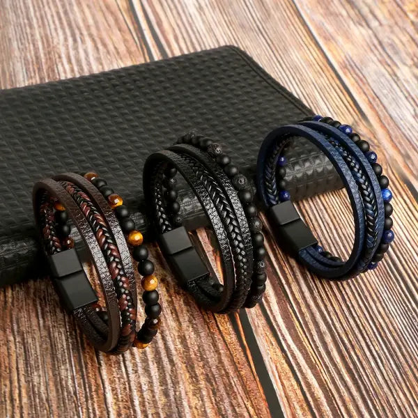 Multilayer Fashion Leather Bracelets for Men with Woven Alloy Accents