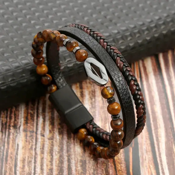 Multilayer Fashion Leather Bracelets for Men with Woven Alloy Accents