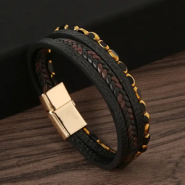 Multilayer Fashion Leather Bracelets for Men with Woven Alloy Accents