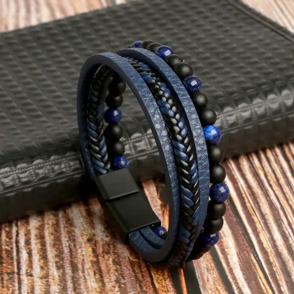 Multilayer Fashion Leather Bracelets for Men with Woven Alloy Accents - B-leather blue / 19cm long