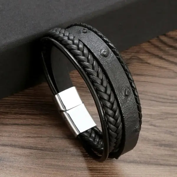 Multilayer Fashion Leather Bracelets for Men with Woven Alloy Accents - N-braid black / 19cm long