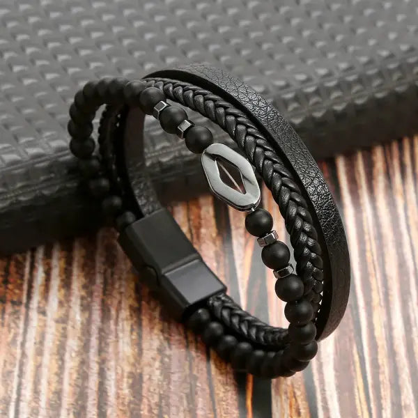 Multilayer Fashion Leather Bracelets for Men with Woven Alloy Accents - M-obsidian black / 21cm long
