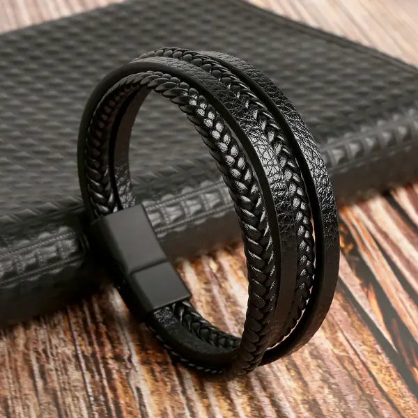 Multilayer Fashion Leather Bracelets for Men with Woven Alloy Accents - C-matte black / 21cm long