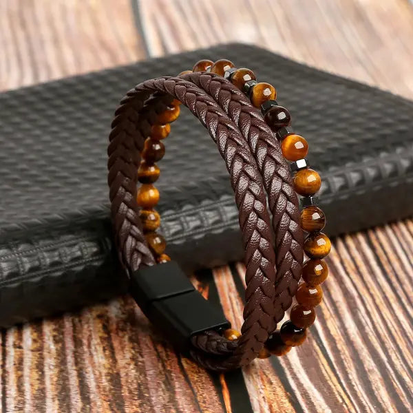 Multilayer Fashion Leather Bracelets for Men with Woven Alloy Accents