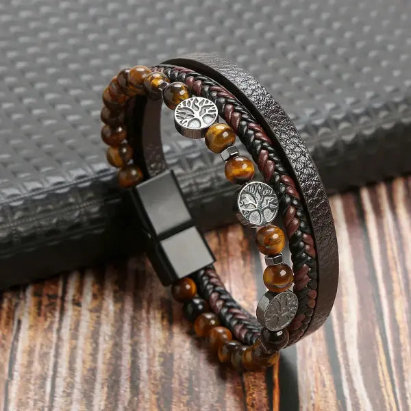 Multilayer Fashion Leather Bracelets for Men with Woven Alloy Accents - L-tiger stone coffee / 19cm long