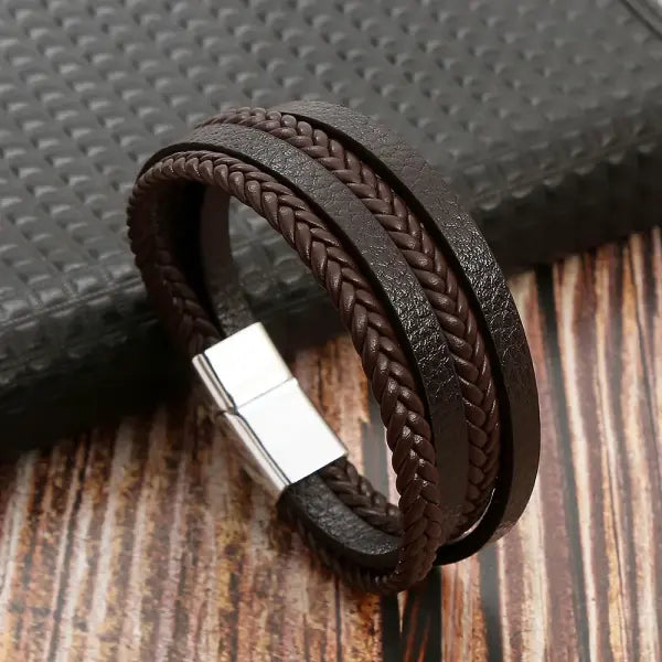 Multilayer Fashion Leather Bracelets for Men with Woven Alloy Accents