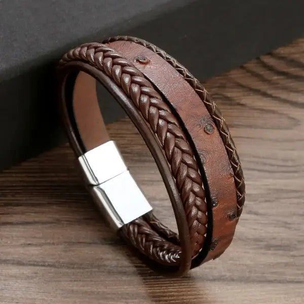 Multilayer Fashion Leather Bracelets for Men with Woven Alloy Accents - N-braid brown / 23cm long