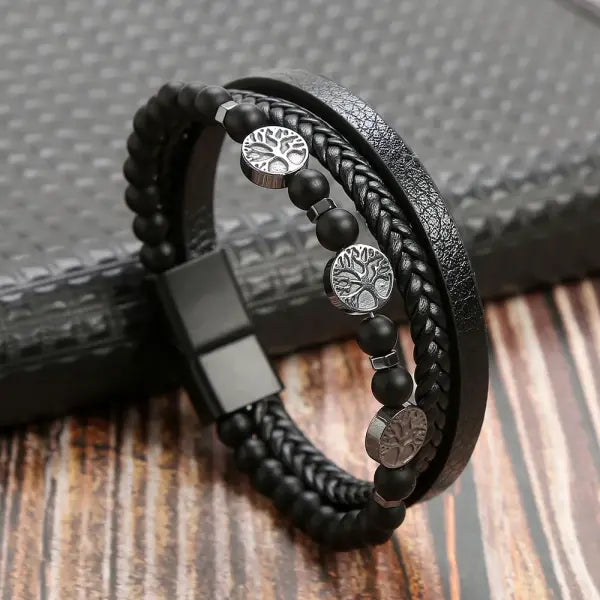 Multilayer Fashion Leather Bracelets for Men with Woven Alloy Accents - L-obsidian black / 19cm long