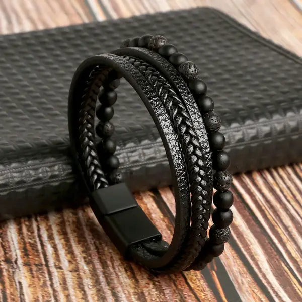 Multilayer Fashion Leather Bracelets for Men with Woven Alloy Accents - B-leather black / 21cm long