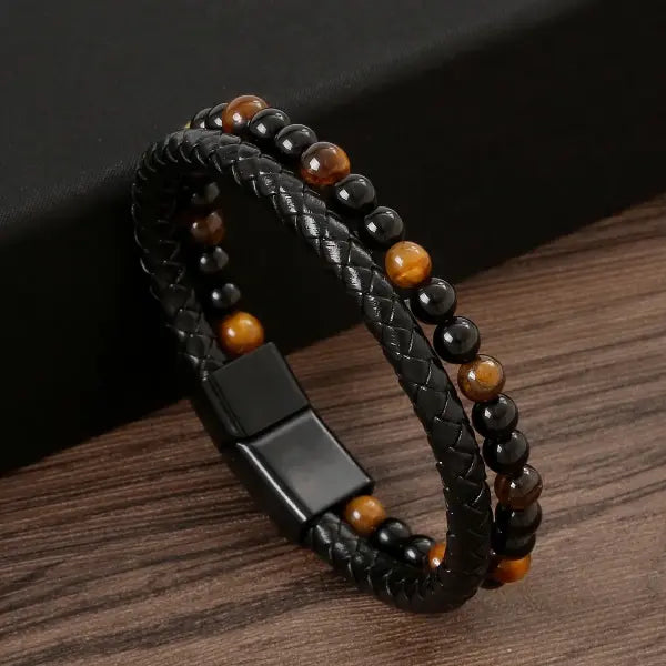 Multilayer Fashion Leather Bracelets for Men with Woven Alloy Accents