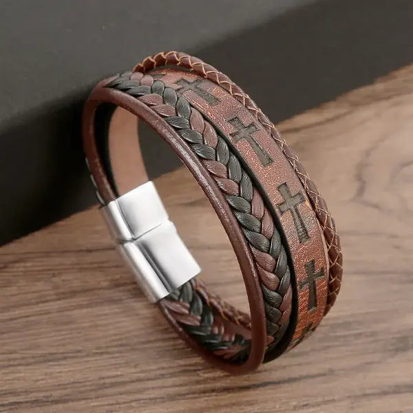 Multilayer Fashion Leather Bracelets for Men with Woven Alloy Accents - E-leather brown / 19cm long