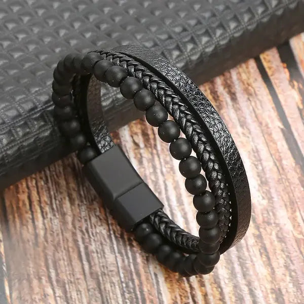 Multilayer Fashion Leather Bracelets for Men with Woven Alloy Accents - O-obsidian black / 21cm long