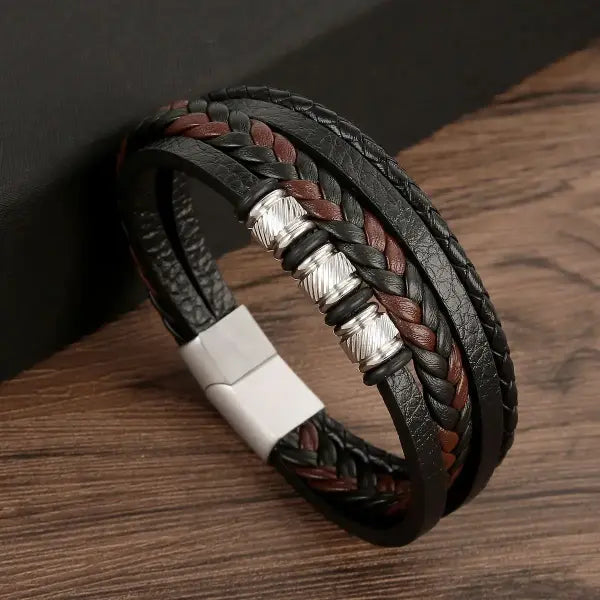 Multilayer Fashion Leather Bracelets for Men with Woven Alloy Accents