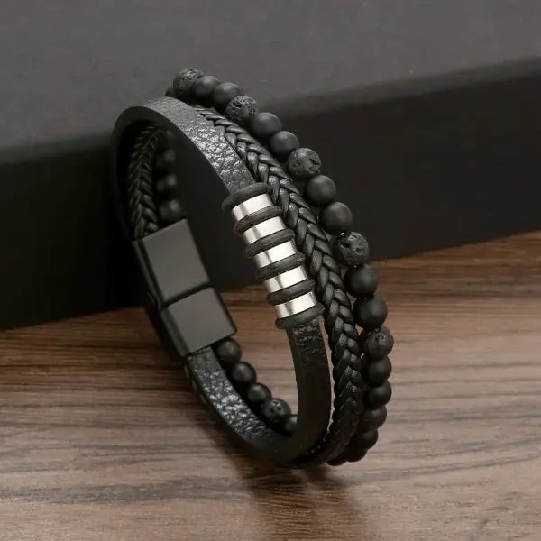 Multilayer Fashion Leather Bracelets for Men with Woven Alloy Accents