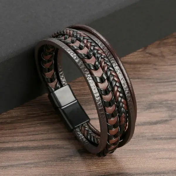 Multilayer Fashion Leather Bracelets for Men with Woven Alloy Accents - A-braid coffee / 23cm long