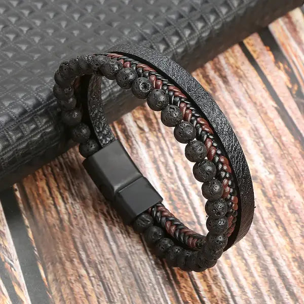 Multilayer Fashion Leather Bracelets for Men with Woven Alloy Accents - O-Volcanic black / 23cm long