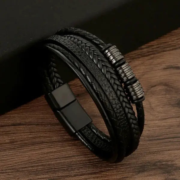 Multilayer Fashion Leather Bracelets for Men with Woven Alloy Accents - F-leather black / 19cm long