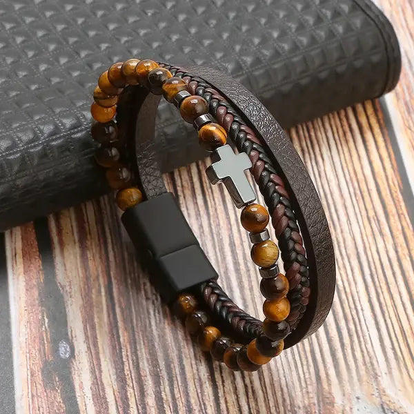 Multilayer Fashion Leather Bracelets for Men with Woven Alloy Accents - K-tiger stone coffee / 23cm long