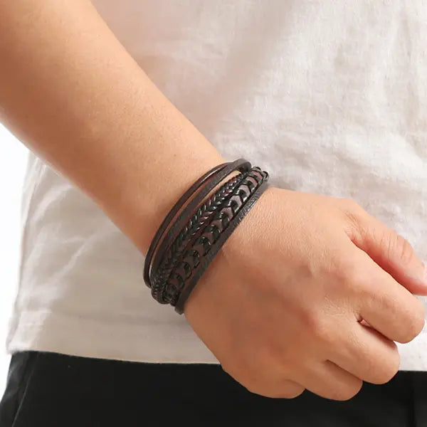 Multilayer Fashion Leather Bracelets for Men with Woven Alloy Accents