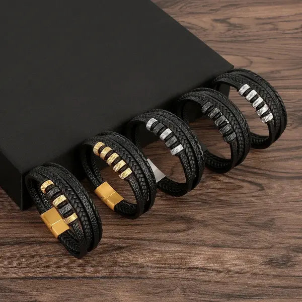 Multilayer Fashion Leather Bracelets for Men with Woven Alloy Accents