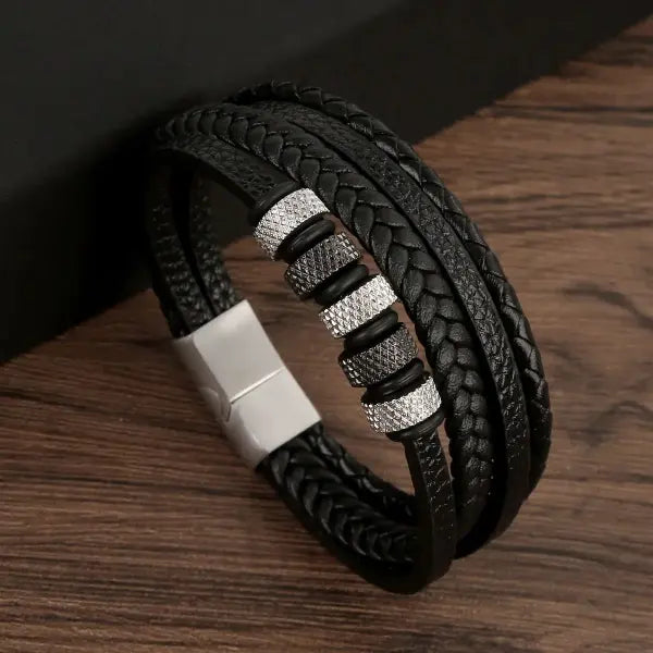 Multilayer Fashion Leather Bracelets for Men with Woven Alloy Accents