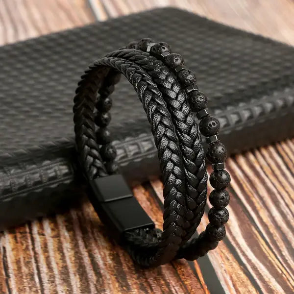 Multilayer Fashion Leather Bracelets for Men with Woven Alloy Accents