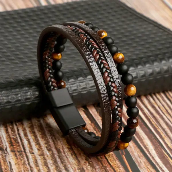 Multilayer Fashion Leather Bracelets for Men with Woven Alloy Accents - B-leather coffee / 23cm long