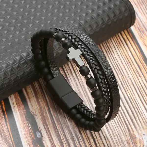 Multilayer Fashion Leather Bracelets for Men with Woven Alloy Accents - K-obsidian black / 23cm long