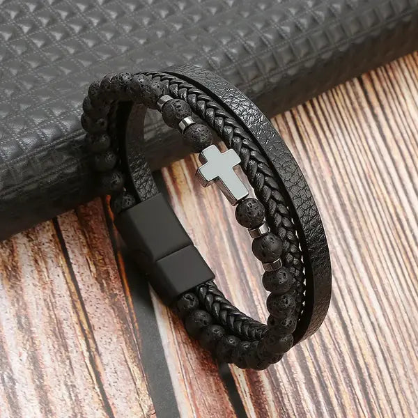 Multilayer Fashion Leather Bracelets for Men with Woven Alloy Accents - K-Volcanic black / 19cm long